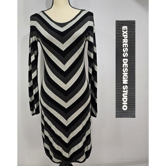 Express Silver Black Striped Y2K Sweater Dress M - Picture 1 of 9